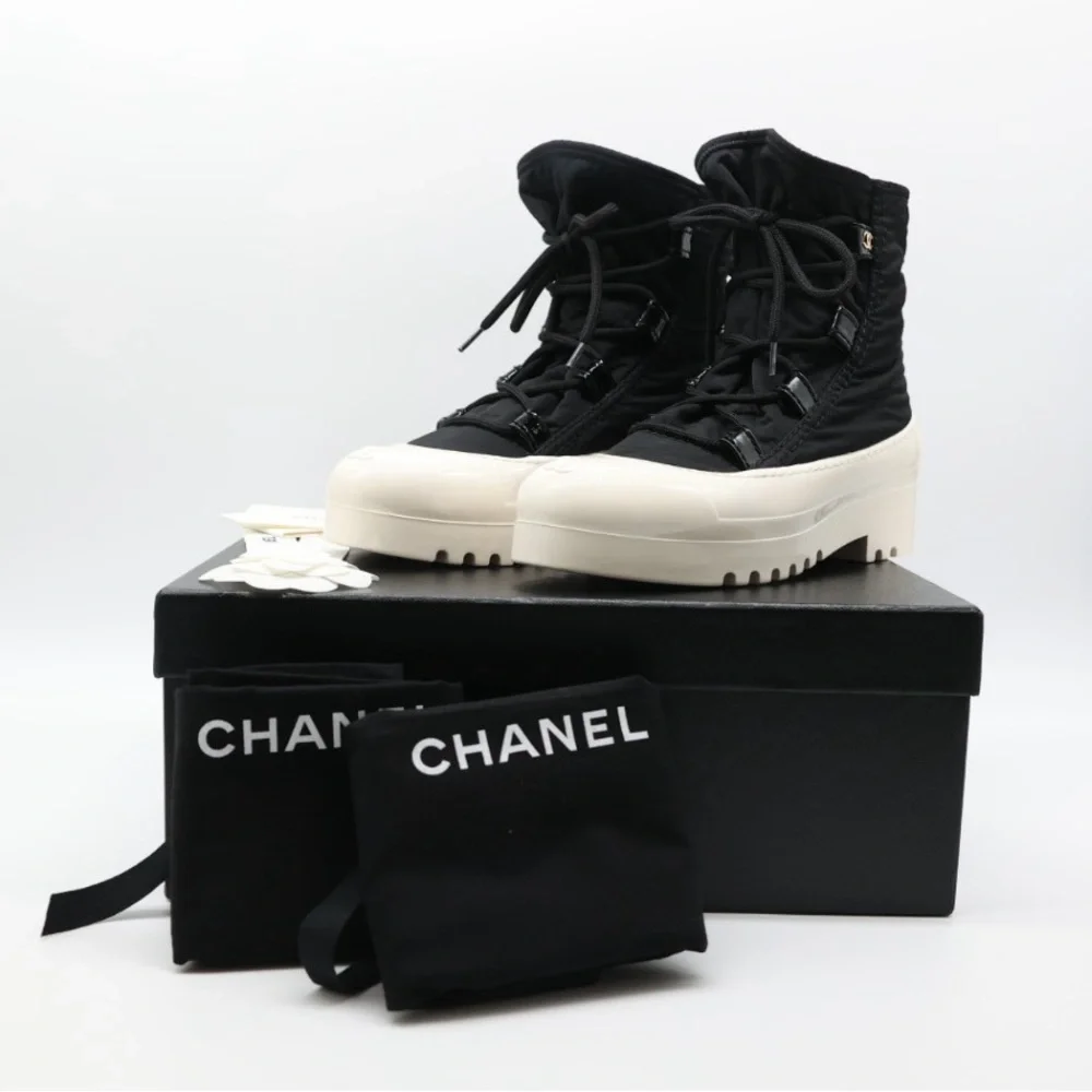 CHANEL Black Nylon Ankle Boots with White Rubber Sole size 38